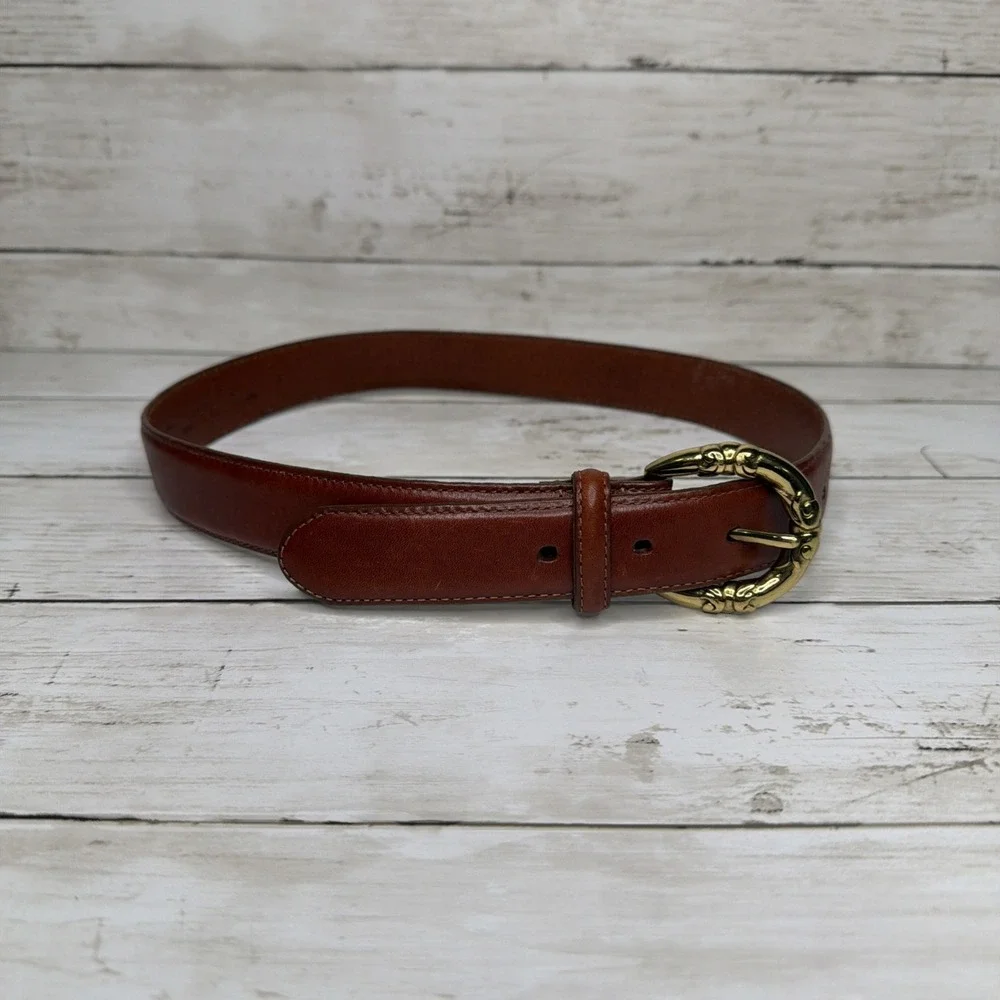 Talbots Brown Leather Belt Women Sz S Made In USA Ornate Gold Sculptural Buckle